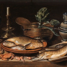 Bodegón con pescado, vela, alcachofas, cangrejos y gambas