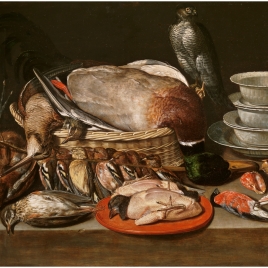 Bodegón con gavilán, aves, porcelana y conchas