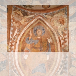 Parte superior del Pantocrátor sostenido por cuatro ángeles. Pintura mural de la ermita de la Vera Cruz de Maderuelo