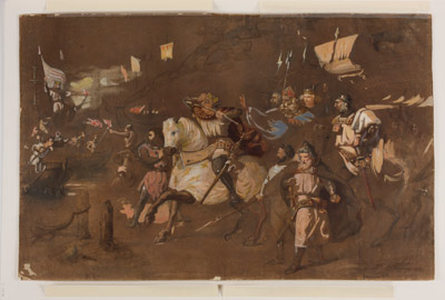 Carlos de Anjou contemplando en la playa de Nápoles el incendio de sus naves por Roger de Lauria